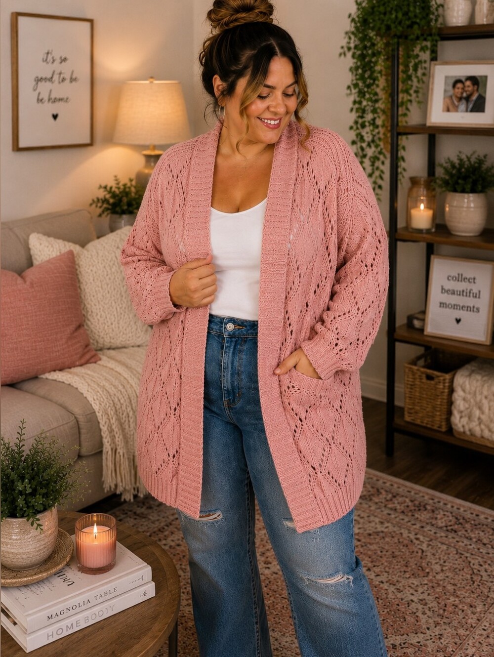Old Navy Soft Pink Pointelle Cardigan Sweater 3X Cozy Boho Open Front